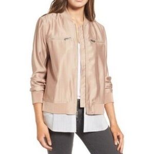Trouve Layered Look Bomber Jacket size M  Zip Up Tan White with Stripe Shirt.